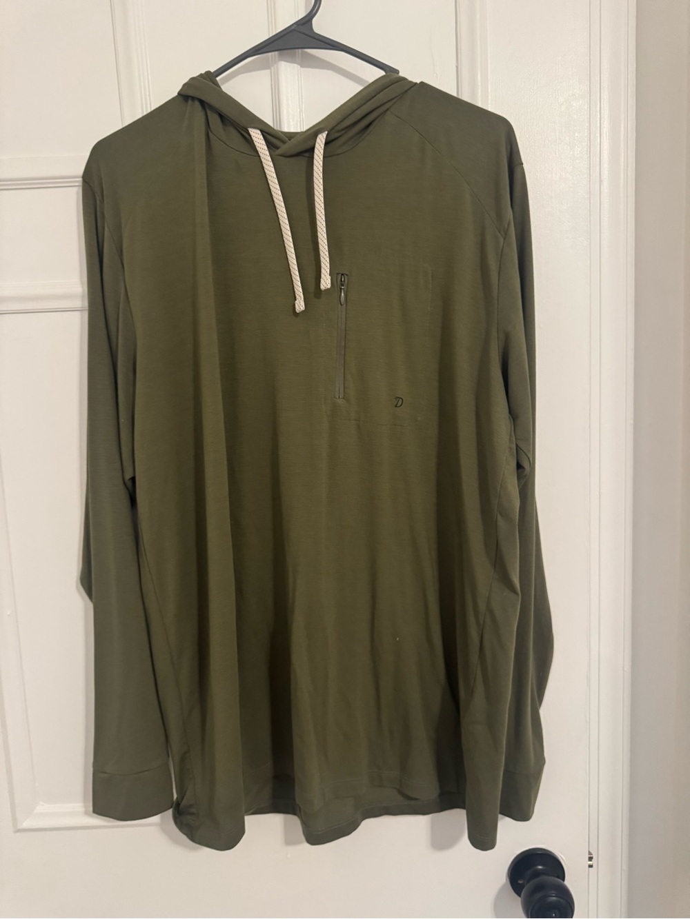 Men's Olive Green Hooded Long-Sleeve Pullover with Zip Chest Pocket